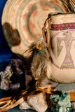 Rooted in Love Pouch Stormie Original Design with patch of Rose Quartz beadwork and antique seed beads custom hand made painted on leather