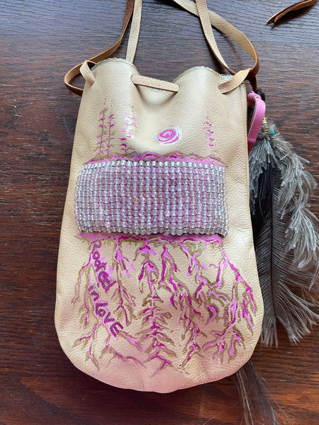 Rooted in Love Pouch Stormie Original Design with patch of Rose Quartz beadwork and antique seed beads custom hand made painted on leather