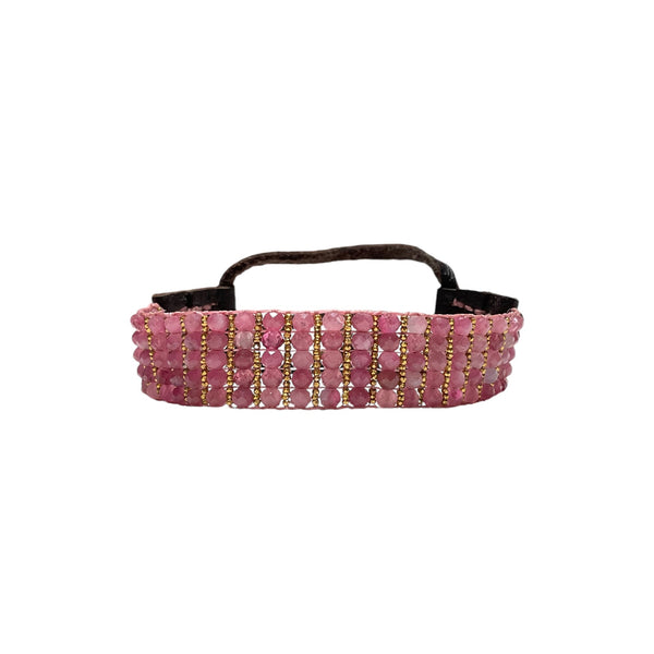 pink tourmaline bracelet front view leather tie closure