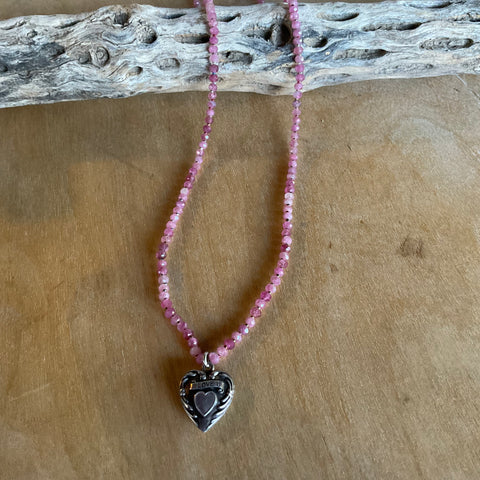 Pink Tourmaline Beaded Necklace and Vintage Heart