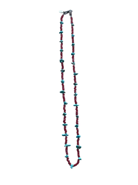 Antique Red White Heart Beads and Turquoise Nugget Beaded Necklace