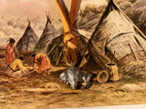 Vintage-style illustration of Native American scene with tipis and people, featuring a bear figurine.