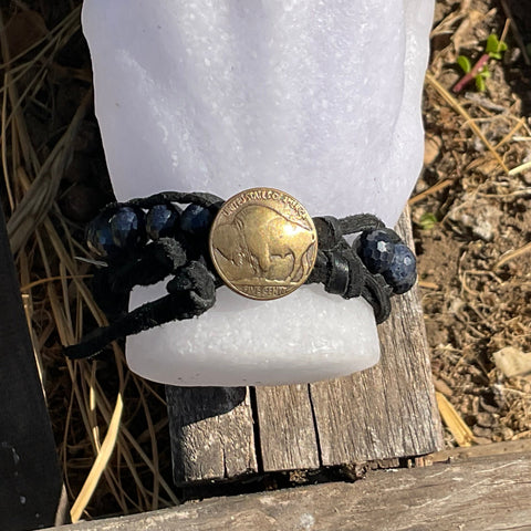 `Blue Sapphire Wrap Bracelet with large Bison Coin Button