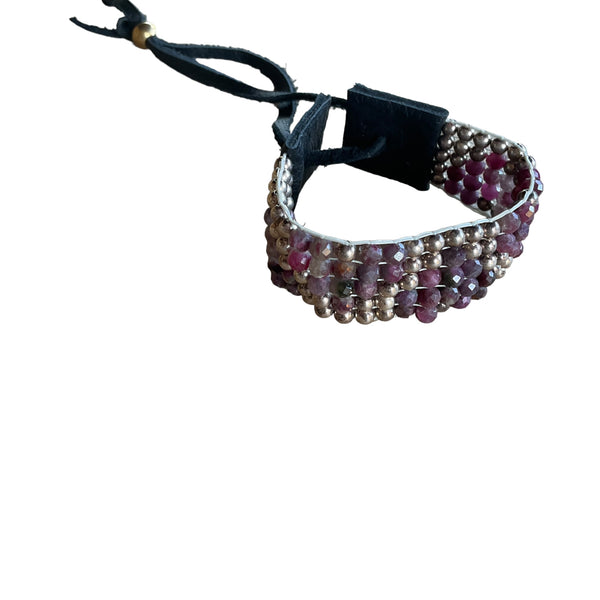 Ruby Sterling Silver & Leather Hand Beaded Artisan Bracelet-Stormie Art