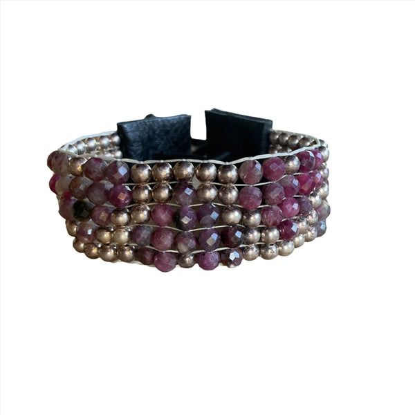 Ruby Sterling Silver & Leather Hand Beaded Artisan Bracelet-Stormie Art