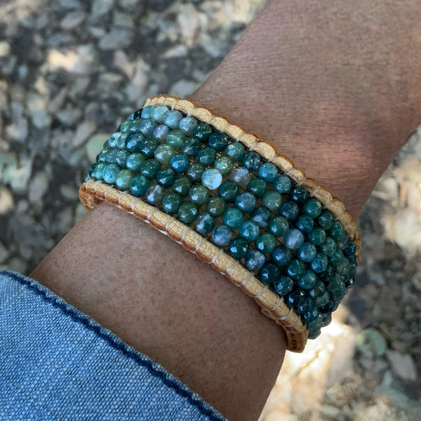 green beaded leather bracelet front view on arm indian agate gemstone beads sewn by handmade stormie jewelry