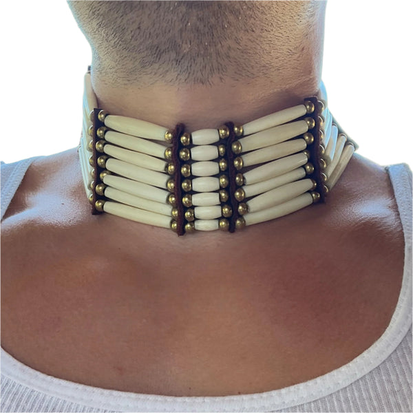 Traditional Large White Bone Choker with Leather and Brass Pony Beads