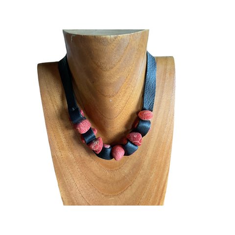 Red Raw Coral Choker with Leather Ban