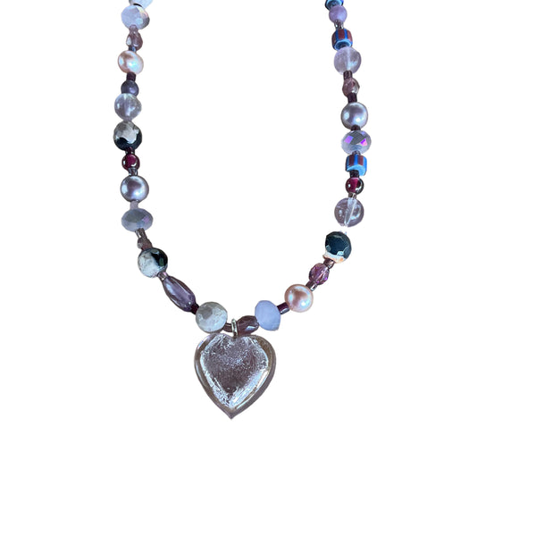 Frosty Heart Necklace with Purple Mixed Stones