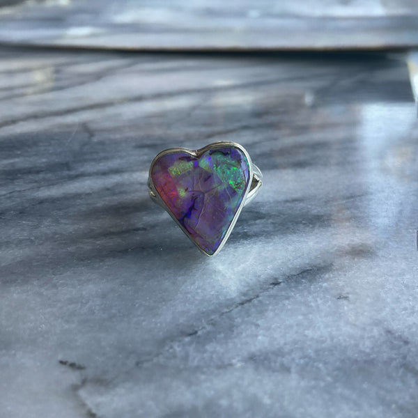 Purple Aura Heart Ring Opal Size 8